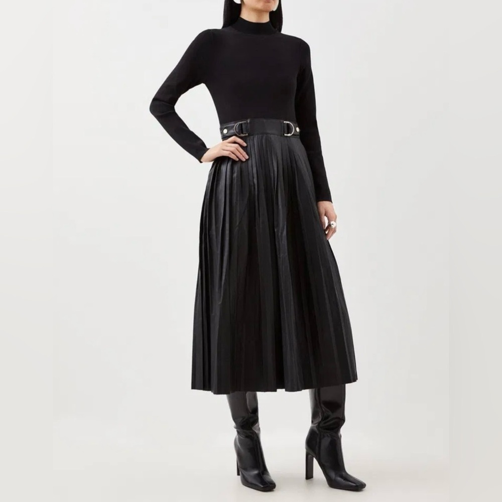 Karen Millen Knit Faux Leather Pleated Midi Dress
